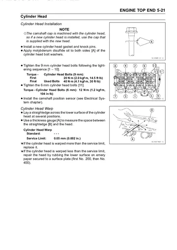 Kawasaki Ninja ZX-6R (2003–2004) / ZX-6RR (2003) Service Manual Sample Preview: Cylinder-head installation with tightening sequence and service-limit checks
