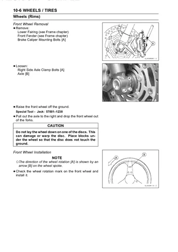 Kawasaki Ninja ZX-6R (2003–2004) / ZX-6RR (2003) Service Manual Sample Preview: Front wheel removal and installation procedures