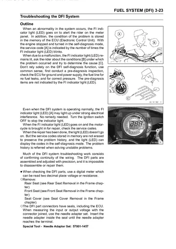 Kawasaki Ninja ZX-6R Service Manual (2005) Sample Preview: DFI troubleshooting and ECU self-diagnosis procedures