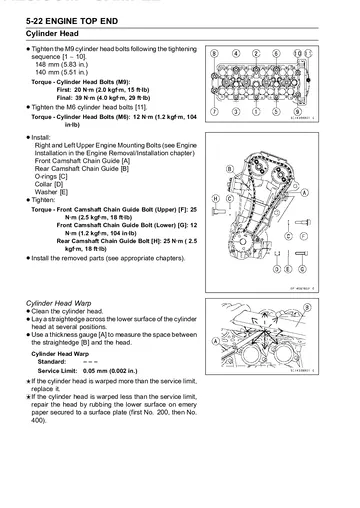 Kawasaki Ninja ZX-6R Service Manual (2005) Sample Preview: Cylinder-head installation, tightening sequence and service-limit procedures