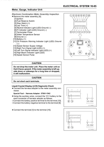 Kawasaki Ninja ZX-6R Service Manual (2005) Sample Preview: Electronic combination meter inspection and electrical terminal reference