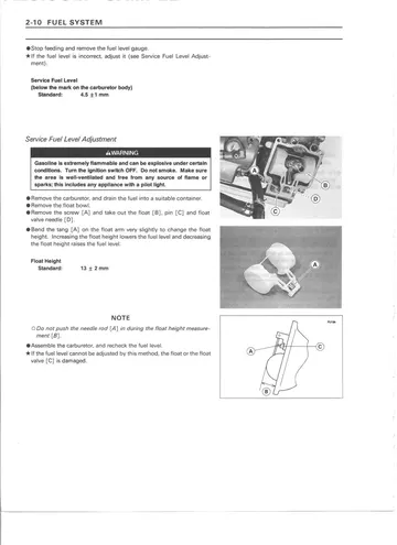 Kawasaki Ninja ZX-9R Service Manual (1998–1999) Sample Preview: Carburetor service fuel-level inspection and adjustment procedures