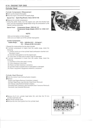 Kawasaki Ninja ZX-9R Service Manual (1998–1999) Sample Preview: Cylinder compression measurement and cylinder-head service procedures