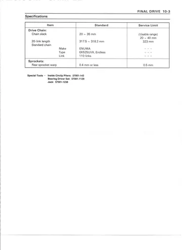 Kawasaki Ninja ZX-9R Service Manual (1998–1999) Sample Preview: Final-drive chain specifications and service limits