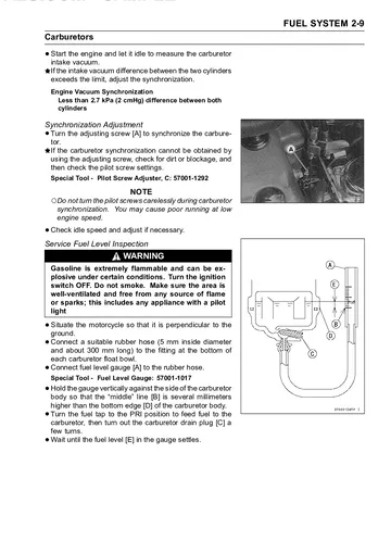 Kawasaki EN500 / Vulcan 500 LTD Service Manual (1996–2008) Sample Preview: Keihin carburetor synchronization and service fuel-level procedures