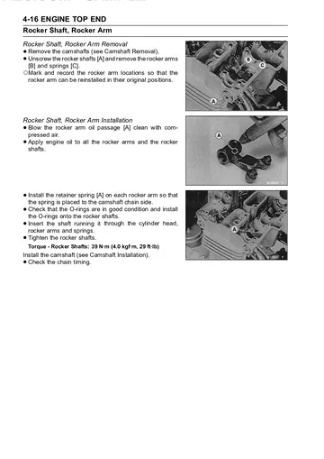 Kawasaki EN500 / Vulcan 500 LTD Service Manual (1996–2008) Sample Preview: Engine top-end rocker shaft and rocker arm service procedures