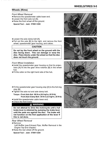 Kawasaki EN500 / Vulcan 500 LTD Service Manual (1996–2008) Sample Preview: Front wheel removal and installation with axle torque specifications