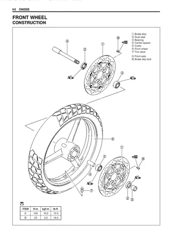 Kawasaki KLV1000 Service Manual (2004) Sample Preview: Front wheel construction with parts identification and torque data