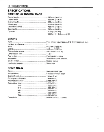 Suzuki DL1000 V-Strom Service Manual (2002) Sample Preview: Factory DL1000K2 specifications for the 996 cc 90-degree V-twin and six-speed drivetrain