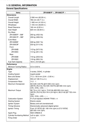 Kawasaki Z1000 / Z1000 ABS Service Manual (2007–2009) Sample Preview: General Specifications: ZR1000B/C
