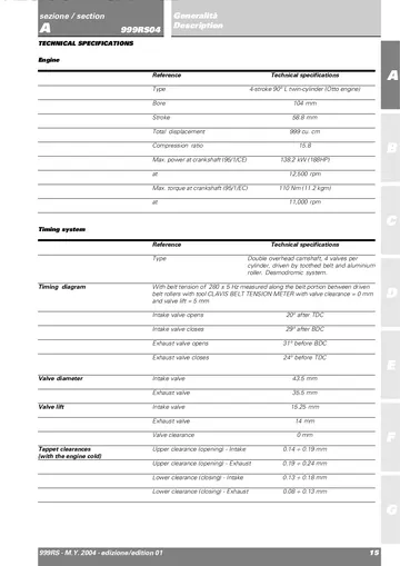 Ducati 999 RS Service Manual (2004) Sample Preview: Factory English technical specifications for the 999 cm³ race engine, including 104 × 58.8 mm dimensions, 15.8:1 compression and 188 hp output