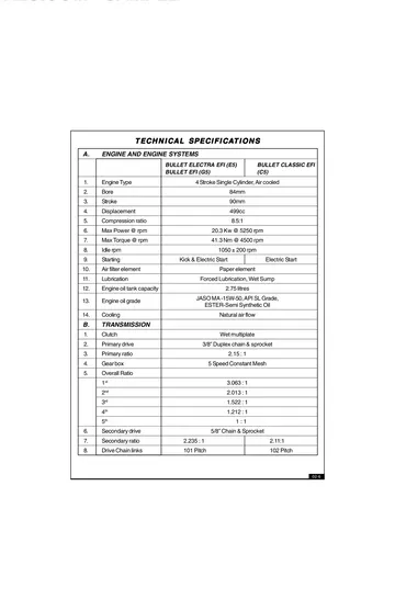 Royal Enfield Bullet Electra & Classic EFI Service Manual (2010) Sample Preview: Factory specifications for Bullet Electra EFI, Bullet EFI and Bullet Classic EFI 499 cc UCE models