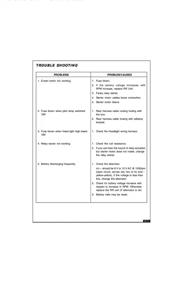 Royal Enfield Bullet Electra & Classic EFI Service Manual (2010) Sample Preview: Factory electrical troubleshooting chart for starting, charging and lighting faults