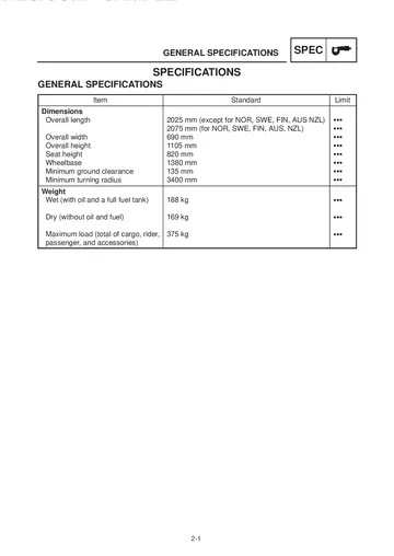 Yamaha YZF-R6 Service Manual (1999) Sample Preview: Factory general specifications and original YZF-R6 dimensions and weight