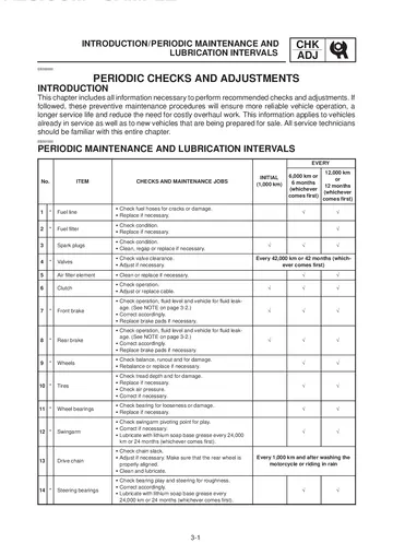 Yamaha YZF-R6 Service Manual (1999) Sample Preview: Periodic maintenance and lubrication interval chart