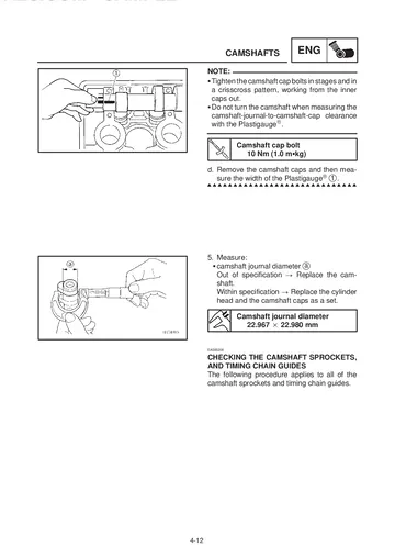 Yamaha YZF-R6 Service Manual (1999) Sample Preview: Camshaft inspection and engine service procedure
