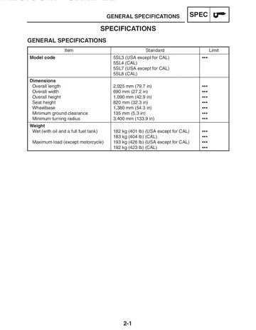 Yamaha YZF-R6R / YZF-R6SR / YZF-R6RC / YZF-R6SRC Service Manual (2003) Sample Preview: Factory general specifications and 5SL3/5SL4/5SL7/5SL8 model codes