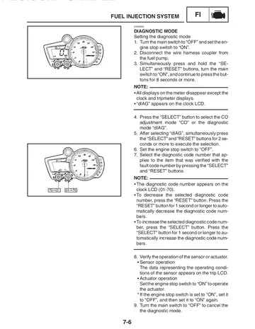 Yamaha YZF-R6R / YZF-R6SR / YZF-R6RC / YZF-R6SRC Service Manual (2003) Sample Preview: Fuel-injection diagnostic mode and ECU troubleshooting