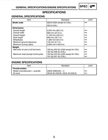 Yamaha YZF-R6T / YZF-R6TC Supplementary Service Manual (2005) Sample Preview: 2005 general specifications and 5SLR/5SLS model codes