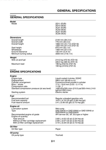 Yamaha FZ1-N / FZ1-S Fazer Service Manual (2006) Sample Preview: Factory general and engine specifications showing the 998 cm³ liquid-cooled DOHC inline-four, 77.0 × 53.6 mm bore and stroke and 11.5:1 compression ratio