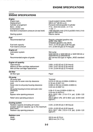 Yamaha FZ1-N / FZ1-NA / FZ1-S / FZ1-SA Fazer Service Manual (2008) Sample Preview: Factory engine specifications showing the 998 cm³ liquid-cooled DOHC inline-four, 77.0 × 53.6 mm bore and stroke and 11.5:1 compression ratio