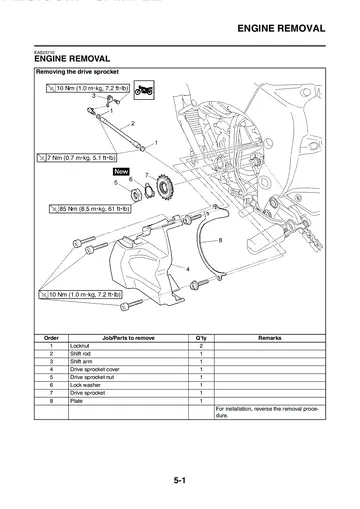 Yamaha FZ1-N / FZ1-NA / FZ1-S / FZ1-SA Fazer Service Manual (2008) Sample Preview: Factory engine-removal procedure with drive-sprocket, shift-rod and engine-mount service steps