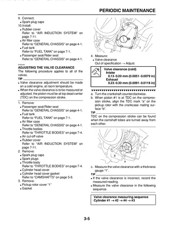 Yamaha FZ6R Service Manual (2009) Sample Preview: Periodic-maintenance procedure showing valve-clearance inspection and adjustment specifications