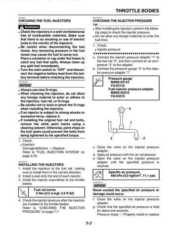 Yamaha FZ6R Service Manual (2009) Sample Preview: Fuel-injection service procedure showing injector inspection and pressure testing