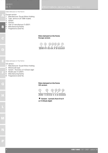 Ducati 1098/1098S Service Manual (2007) Sample Preview: Factory frame and engine identification data showing model-year code 7 for 2007