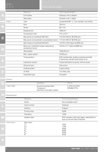 Ducati 1098/1098S Service Manual (2007) Sample Preview: Factory technical specifications for the 1,099 cm³ Testastretta Evoluzione engine, dry clutch and six-speed transmission