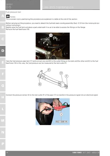 Ducati 1098/1098S Service Manual (2007) Sample Preview: Factory DDS fuel-pressure diagnostic procedure for the electronic fuel-injection system