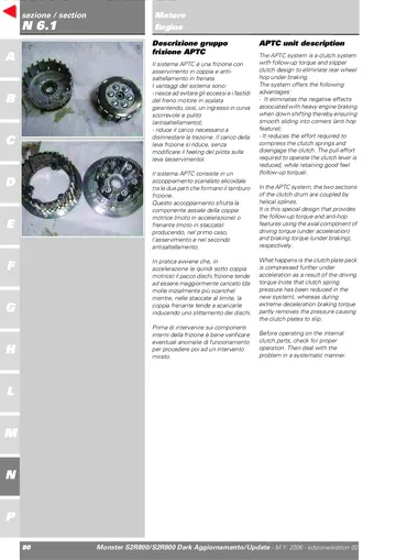 Ducati Monster S2R 800/S2R 800 Dark Supplementary Manual (2006) Sample Preview: Factory APTC wet-clutch description explaining the servo-assist and anti-hop operating principle