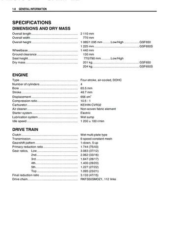 Suzuki GSF650 / GSF650S Bandit Service Manual (2005) Sample Preview: Factory GSF650 and GSF650S specifications for the 656 cc engine and six-speed drivetrain
