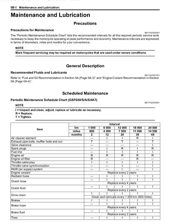 Suzuki GSF650 / GSF650A / GSF650S / GSF650SA / GSX650F Service Manual (2007-2008) Sample Preview: Periodic maintenance schedule for GSF650, GSF650S and ABS variants