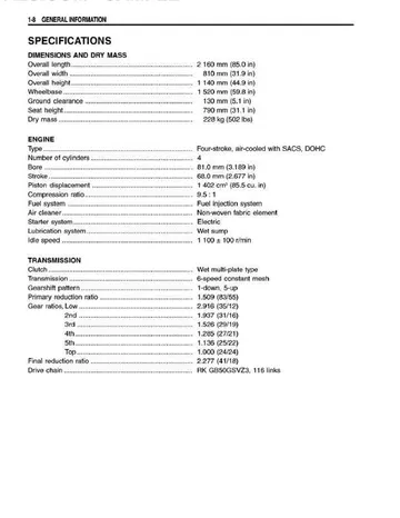 Suzuki GSX1400 Service Manual (2002) Sample Preview: Factory GSX1400K2 specifications for the 1402 cc SACS engine and six-speed drivetrain