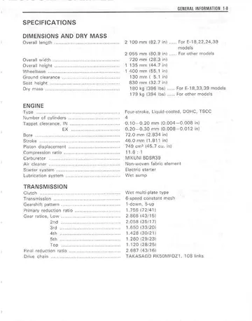 Suzuki GSX-R750 Service Manual (1996-1998) Sample Preview: 1996 GSX-R750T factory specifications for the 749 cc engine, carburetors and six-speed drivetrain