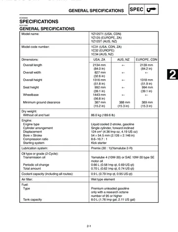 Yamaha YZ125T1 Owner’s Service Manual (2005) Sample Preview: Factory general specifications and regional model codes