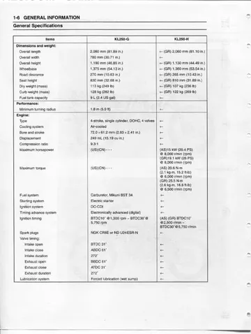 Kawasaki Super Sherpa KL250G/H Service Manual (1997, 1999–2007, 2009) Sample Preview: General Specifications: KL250-G / KL250-H