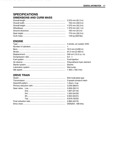 Suzuki TU250X Service Manual (2009) Sample Preview: Factory specifications for the 249 cc air-cooled single-cylinder engine and five-speed drivetrain
