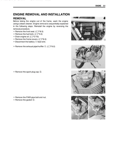 Suzuki TU250X Service Manual (2009) Sample Preview: Engine removal and installation procedure with factory photographs