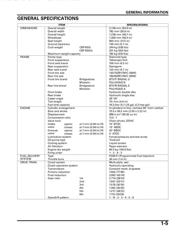 Honda CBF1000 Service Manual (2006-2009) Sample Preview: Factory dimensions, chassis, 998.4 cc engine, PGM-FI and drivetrain specifications for the CBF1000