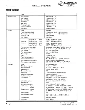Honda CBX Service Manual (1981-1982) Sample Preview: Factory dimensions, chassis and 1,047 cc six-cylinder engine specifications