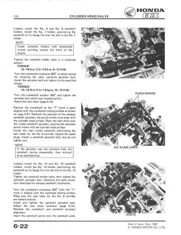Honda CBX Service Manual (1981-1982) Sample Preview: Cylinder-head and camshaft installation procedures with factory torque specifications