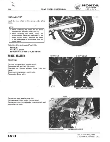 Honda CBX Service Manual (1981-1982) Sample Preview: Rear-wheel and Pro-Link suspension service procedures with rear axle torque specification
