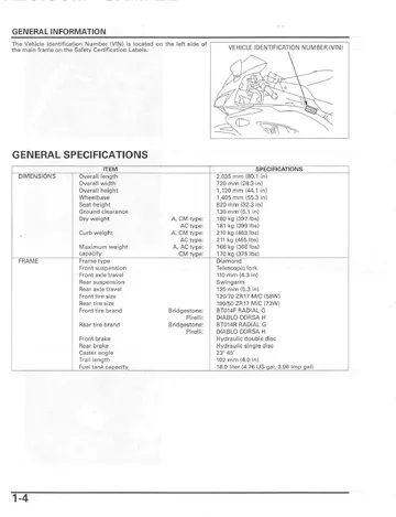 Honda CBR1000RR Fireblade Service Manual (2004) Sample Preview: Factory dimensions, chassis and general specifications for the 2004 CBR1000RR