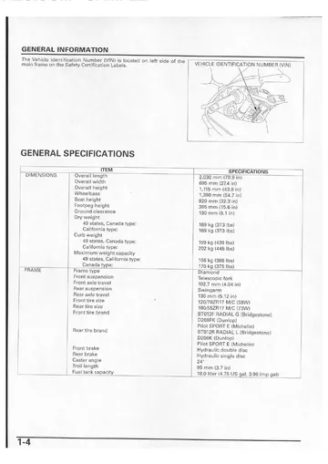 Honda CBR600RR Service Manual (2003-2004) Sample Preview: Factory dimensions, chassis, tyre, brake and fuel-capacity specifications for the first-generation CBR600RR