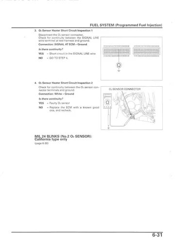Honda CBR600RR Service Manual (2003-2004) Sample Preview: PGM-FI diagnostic procedure showing O2-sensor circuit testing and ECM connector checks
