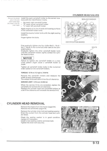 Honda CBR600RR Service Manual (2003-2004) Sample Preview: Cylinder-head and camshaft service procedures with factory tightening sequence and service limits