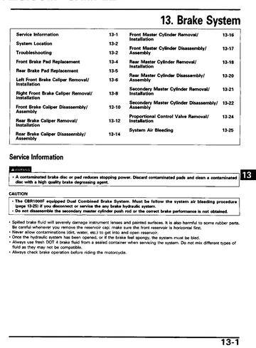 Honda CBR1000F Service Manual (1993-1995) Sample Preview: Dual Combined Brake System service section with linked-brake components and bleeding guidance