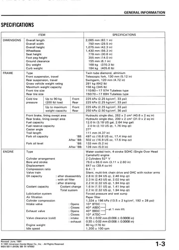 Honda NT650 Hawk GT Service Manual (1988-1991) Sample Preview: Factory general specifications for the 647 cm³ 52-degree V-twin, aluminum chassis, tires, brakes and capacities